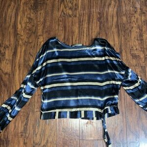 Crop long sleeve satin tie stripe blouse